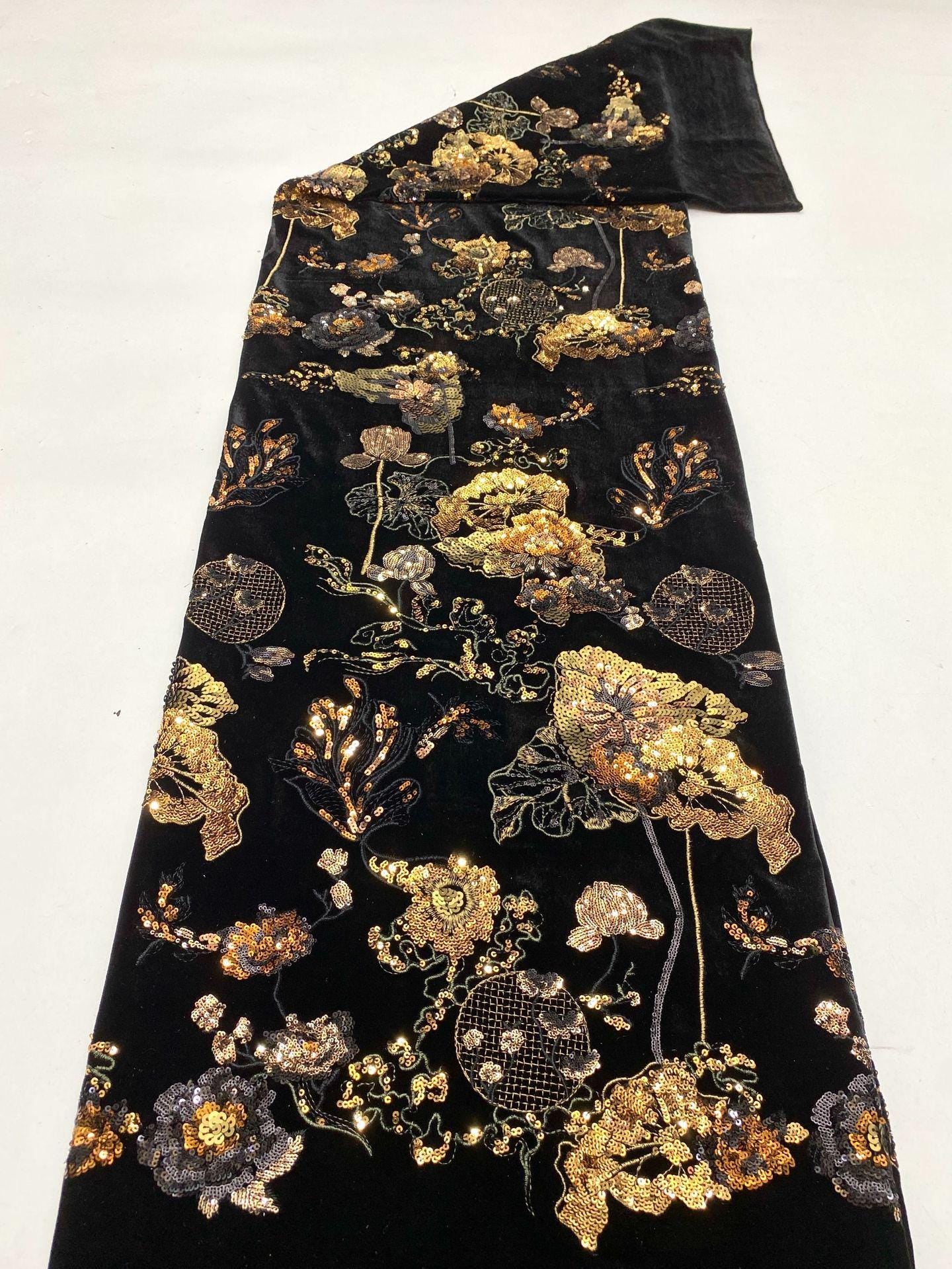 Vintage Sequined Velvet Fabric: Gold Metallic Embroidery, DIY Crafts (49" Wide)