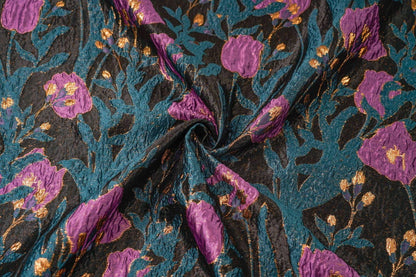 Tissu jacquard à fils dorés : motif tulipe rétro 3D, 142 cm de large