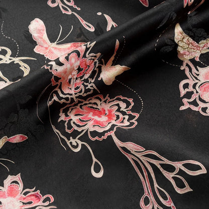 Black Butterfly Floral Xiangyun Silk Fabric ��� Smooth, Skin-Friendly Printed Sandwashed rayo
