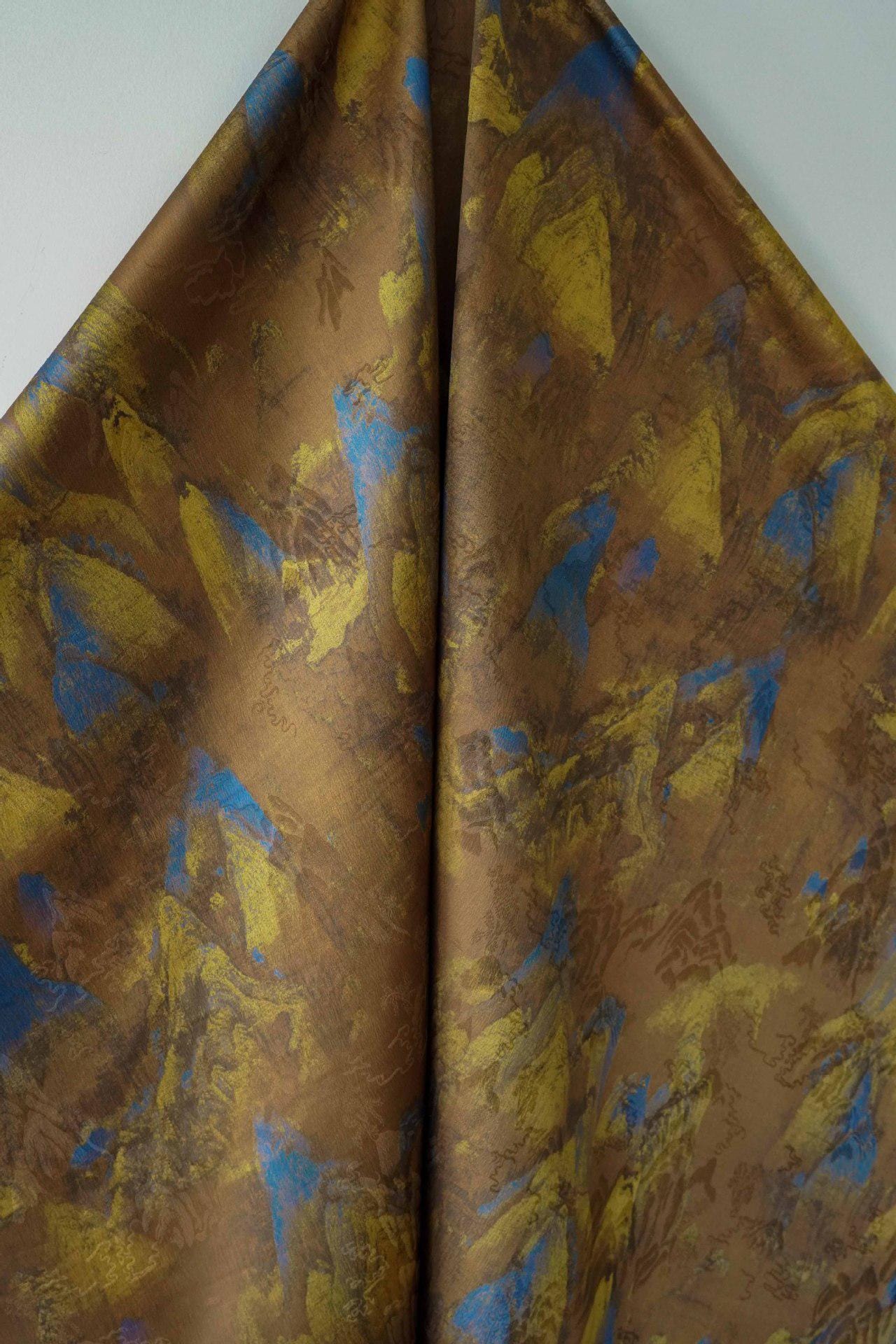 Ancient Painting Tea Silk Satin Fabric: 59"W Upholstery, Costume, Drapery
