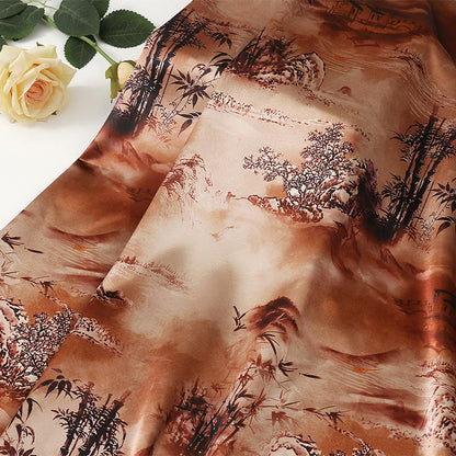 Ancient Landscape Tea Silk Satin Fabric: 59"W Digital Print Upholstery
