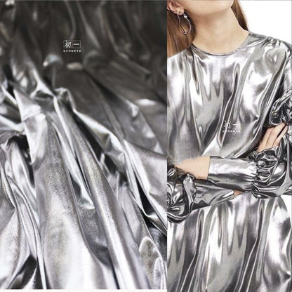 Silver Coated Stretch Fabric: Metallic PU Clothing Material, 60" Width