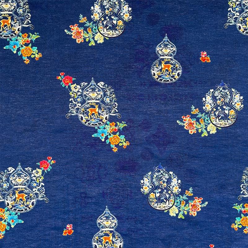 Royal Blue ���Fu Lu��� Floral Chinese Style Digital Print Cotton Brocad" Wide