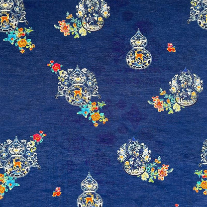 Royal Blue ���Fu Lu��� Floral Chinese Style Digital Print Cotton Brocad" Wide