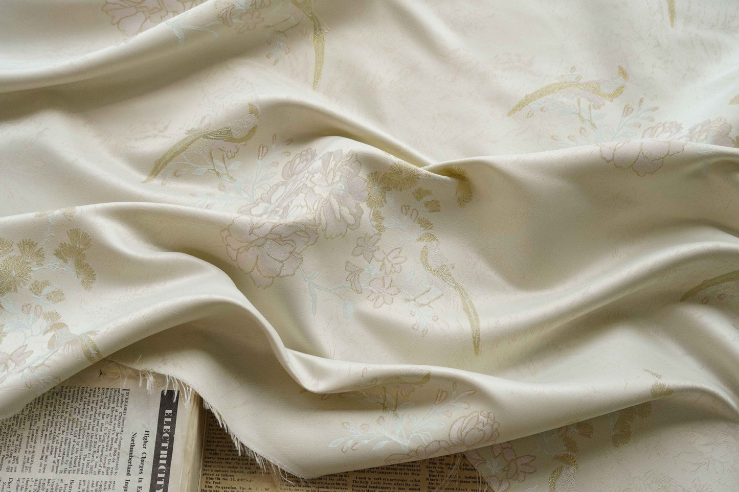 Gold Bird Flower Jacquard Damask Fabric: Rayon Blend Sewing Material