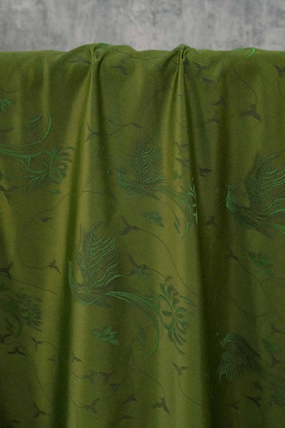 Dark Green Jacquard Fabric with Subtle Phoenix Pattern for Qipao Dressmaking, 54"Wide