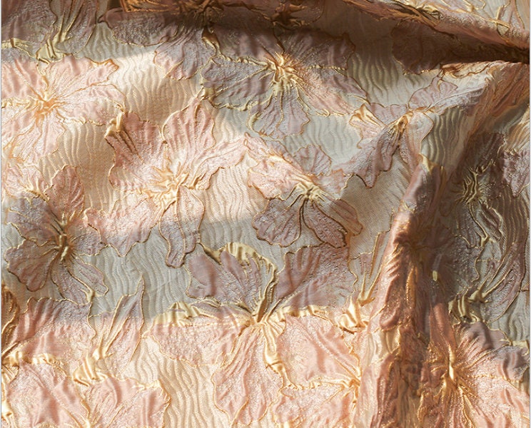 Gold Thread Floral Jacquard Fabric: 3D Oil Painting Texture, 55" Wide
