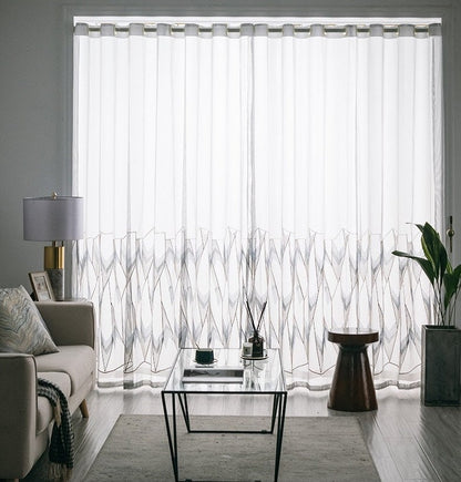 Tissu pour rideaux brodé géométrique : Voile moderne en polyester transparent