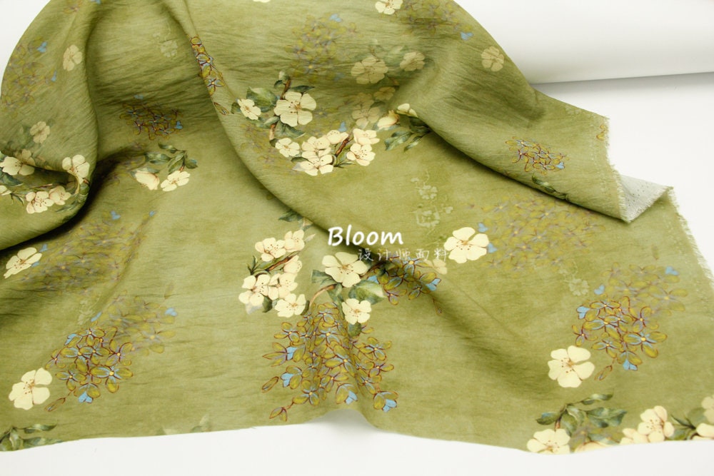 Floral Autumn Green Hemp Tencel Linen Fabric: Sewing & Crafts