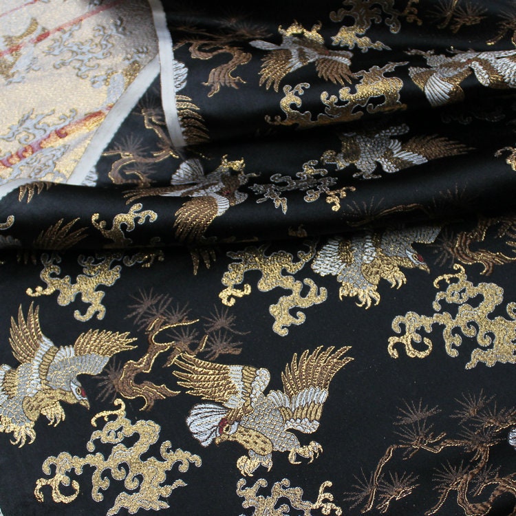 Japanese Silk Brocade Fabric: Ancient Totem Eagle Design, 29.5" Wide
