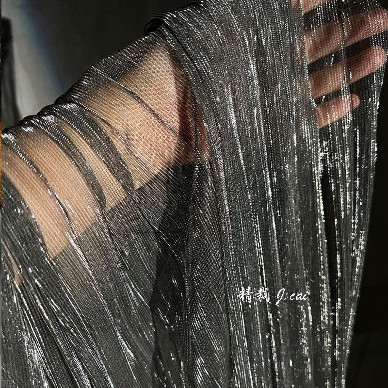Tissu en maille plissée transparente à paillettes, 150 cm de large, fil doré et argenté