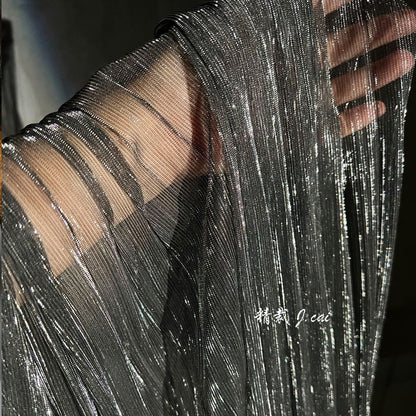 Tissu en maille plissée transparente à paillettes, 150 cm de large, fil doré et argenté