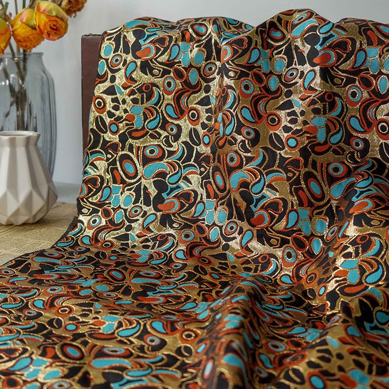 Gold Embossed Jacquard Fabric: Vintage Cashew Floral Design, 59" Wide