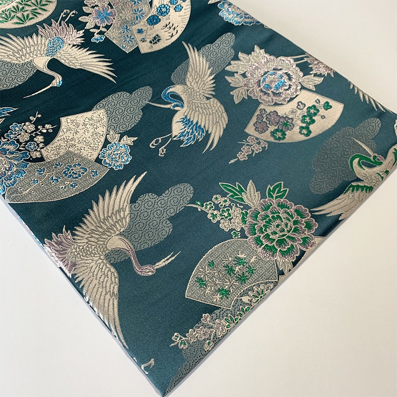 Nishijin Japanese Brocade Fabric: Crane & Fan Jacquard Silk Rayon Blend (57"W)