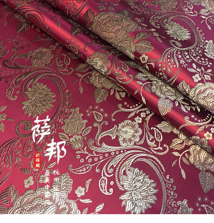 Tissu brocart pivoine européen vintage : Cheongsam Qipao en soie et rayonne