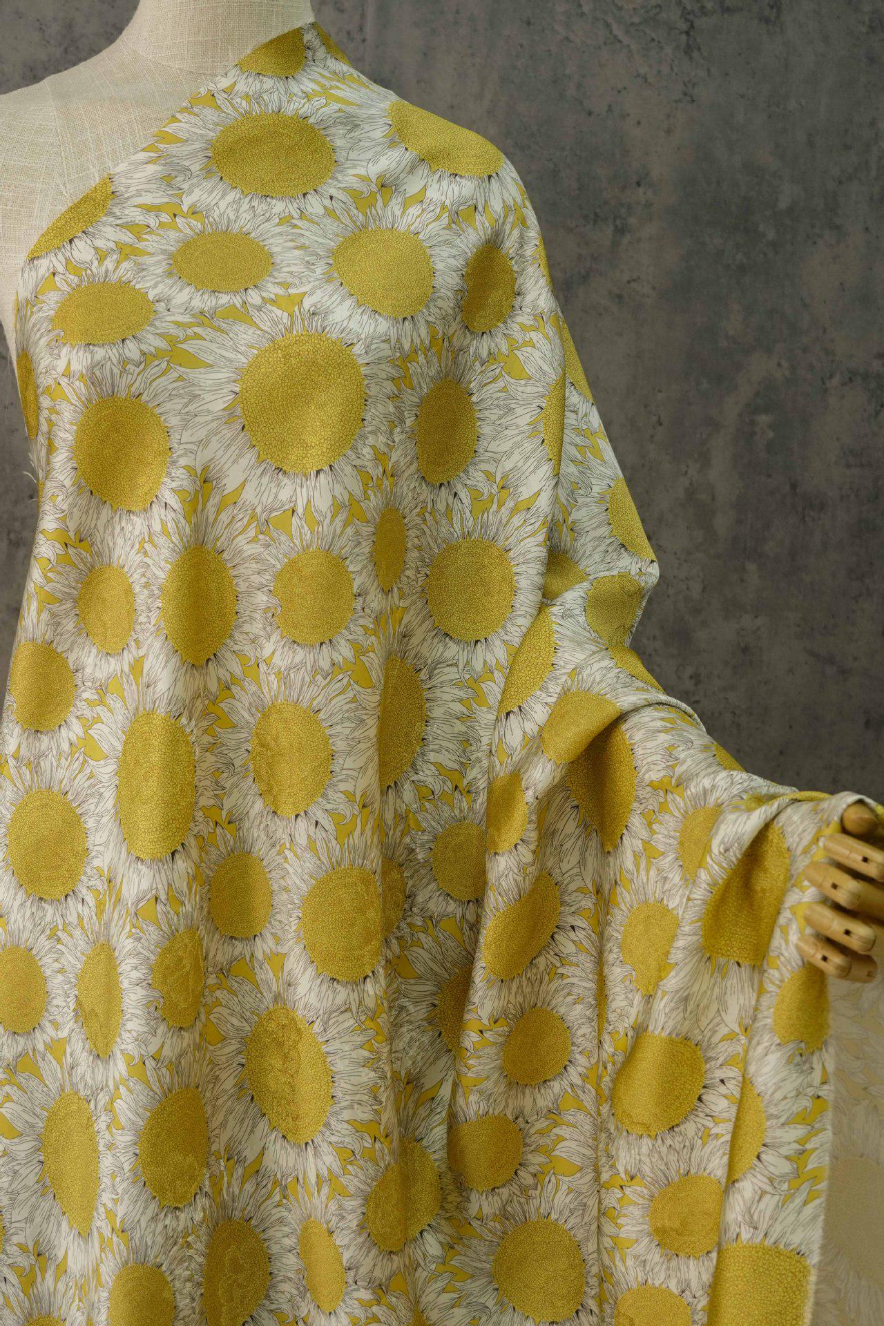 Sunflower Tea Silk Satin Fabric: Digital Print, 55" Wide