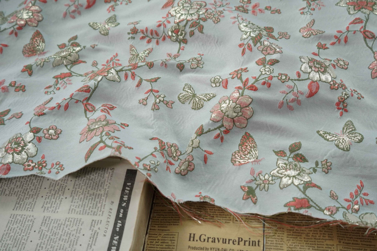 Gold Thread Jacquard Fabric: 3D Butterfly Texture, 55" Wide