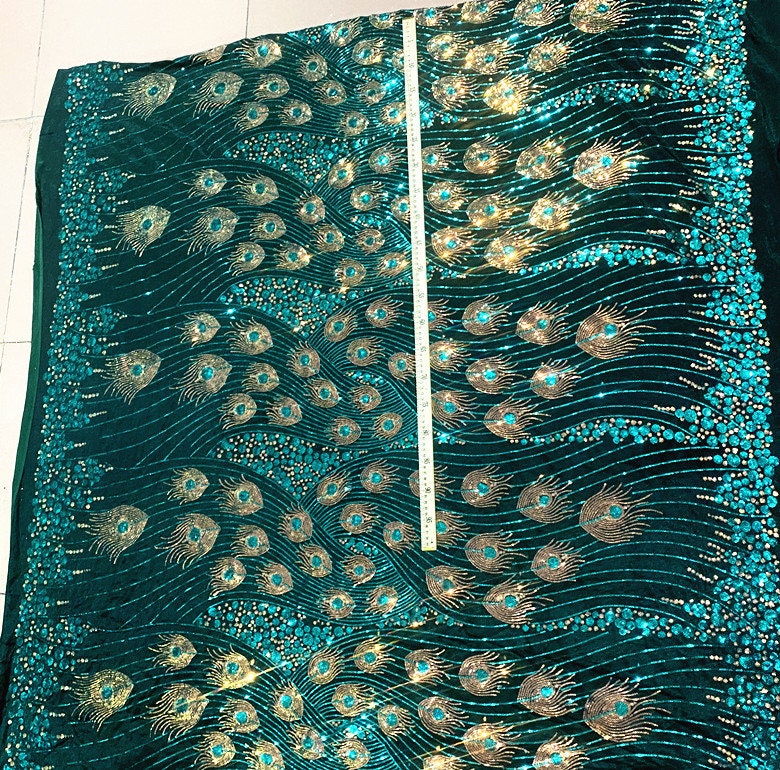 Laser Peacock Sequins Mesh Fabric, Colorful Designer Lace