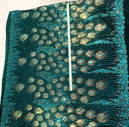 Laser Peacock Sequins Mesh Fabric, Colorful Designer Lace