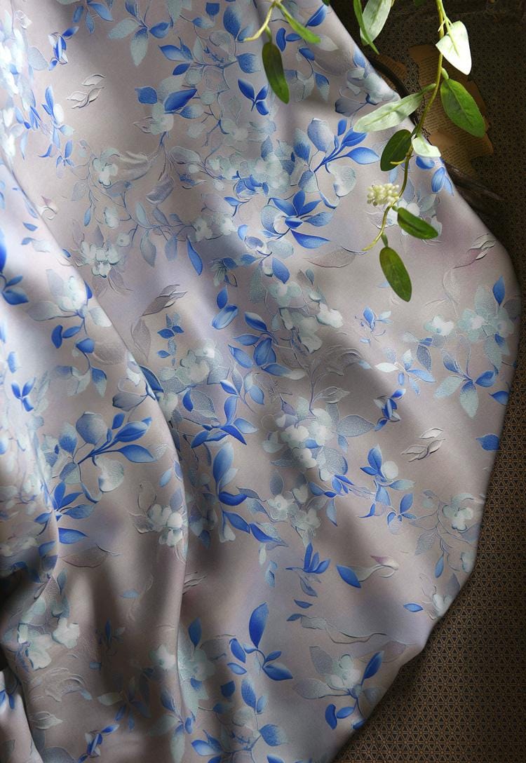 Gray Blue Cotton Sateen Fabric: Snowy Elegance Print, 55" Wide