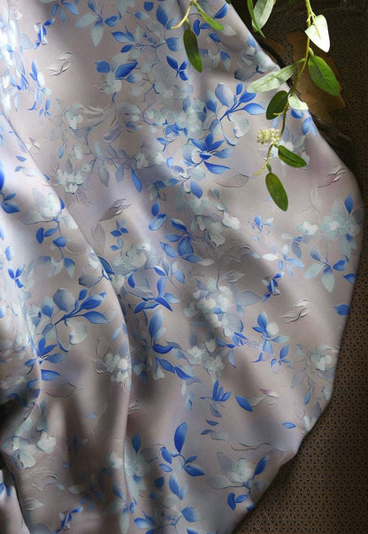 Gray Blue Cotton Sateen Fabric: Snowy Elegance Print, 55" Wide