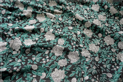 Green Floral Jacquard Fabric: 3D Embossed Cotton Polyester Blend, 59" Wide