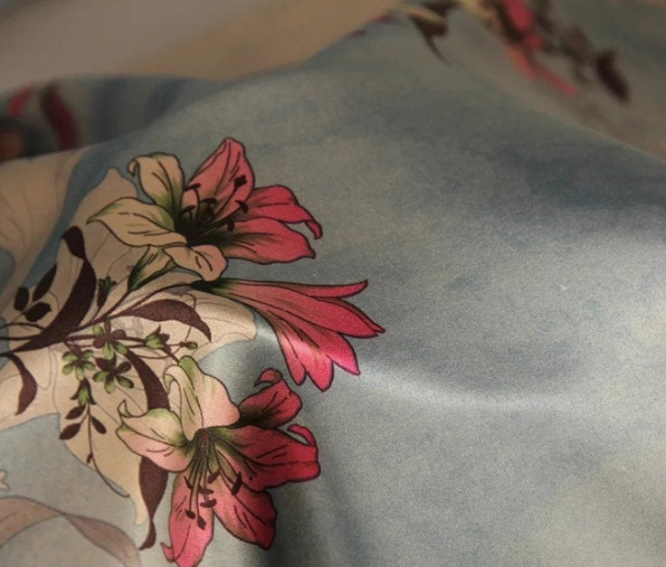 Lily Print Silk Satin Fabric: Gambiered Canton Gauze, 59" Wide