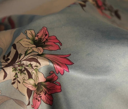 Lily Print Silk Satin Fabric: Gambiered Canton Gauze, 59" Wide