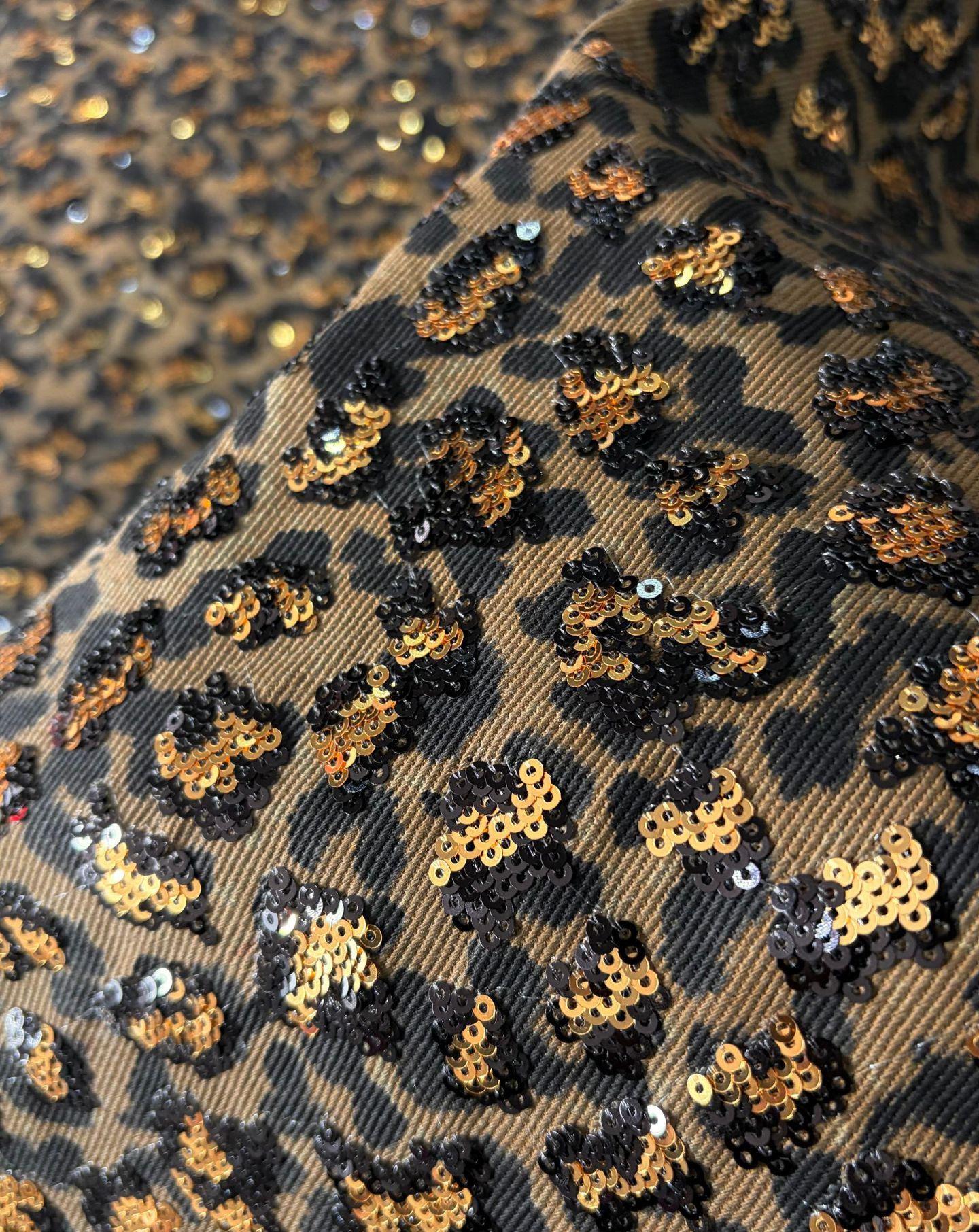 Leopard Print Cotton Denim Fabric ��� Sequin Embroider" Wide