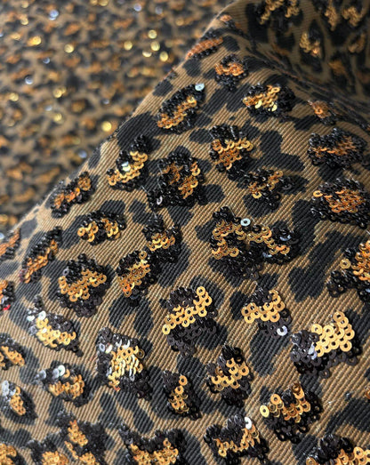 Leopard Print Cotton Denim Fabric ��� Sequin Embroider" Wide