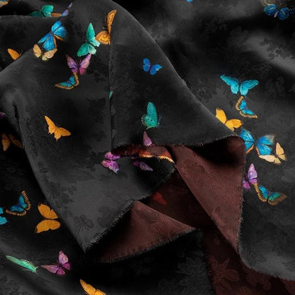 Rayon Shantung Fabric: Black Butterfly Print, Costume, Upholstery, 55"W
