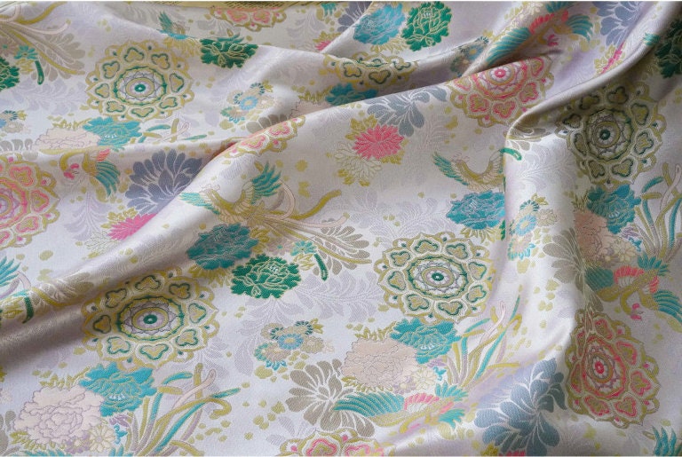 Beige Phoenix Song Brocade Fabric: 67"W Silk Rayon Blend