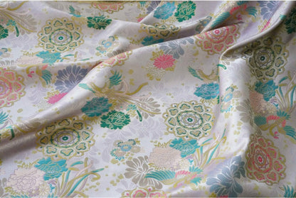Beige Phoenix Song Brocade Fabric: 67"W Silk Rayon Blend