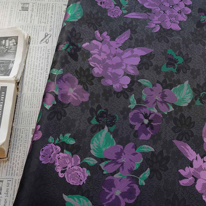 Black Jacquard Qipao Fabric with Purple Floral Pattern ��� Chinese Brocade Upholstery, Quilting, Cheongsam Sewing Fabr"Wide