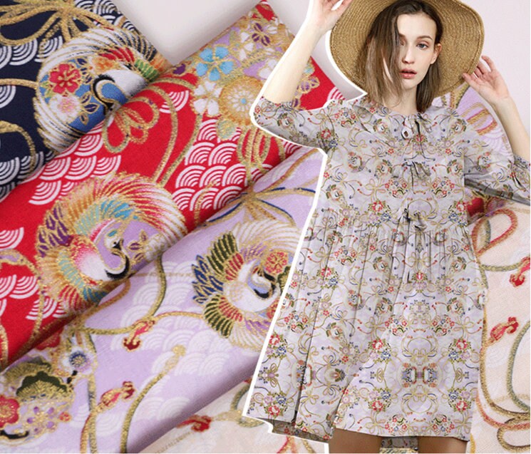 Japanese Crane Print Fabric: 100% Cotton Sewing Material