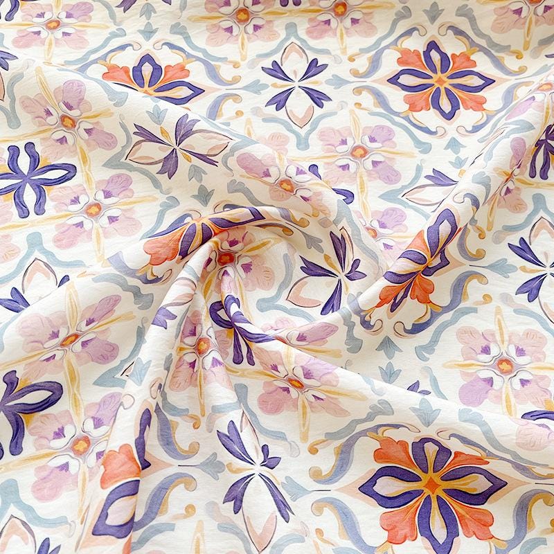 Tissu Tencel Ramie : imprimé floral Dunhuang, 150 cm de large, vendu au mètre