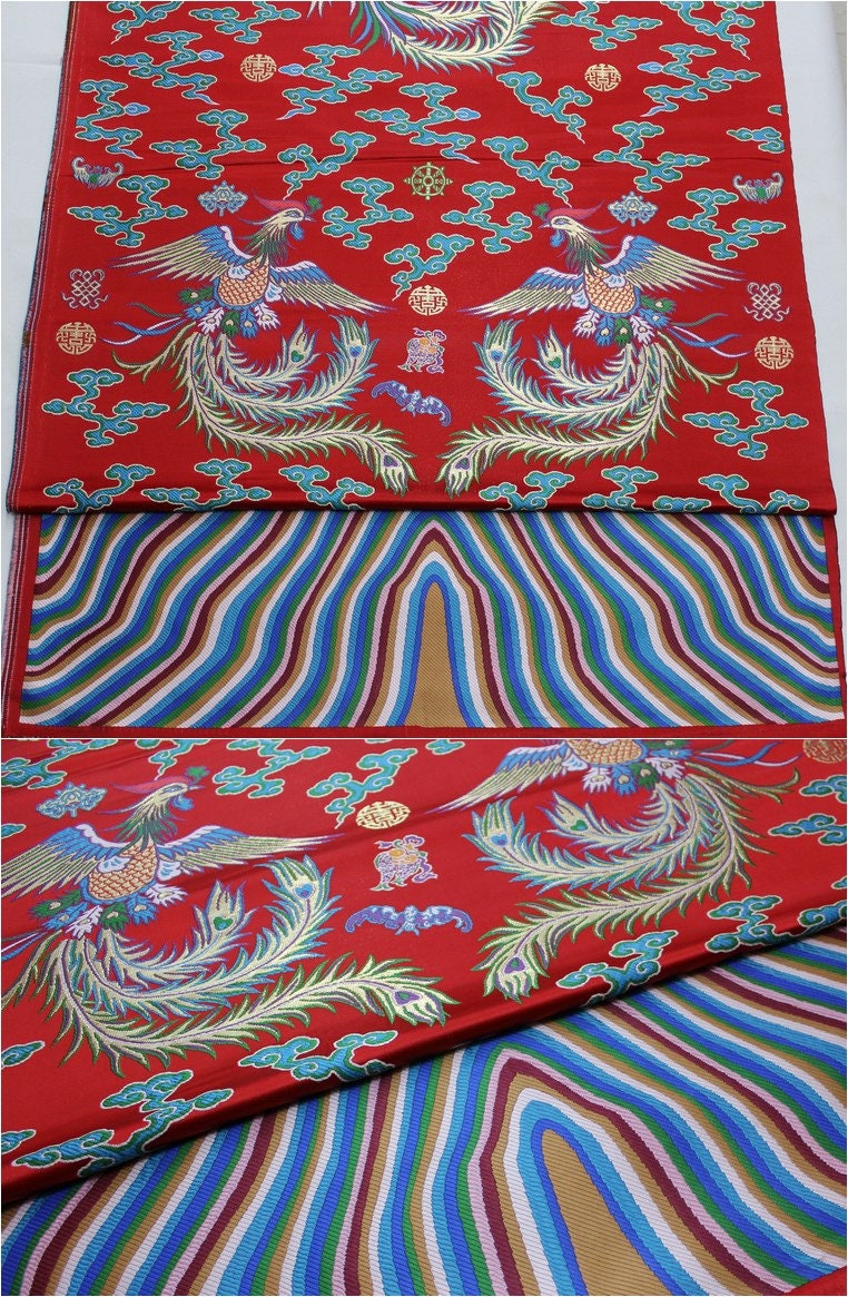 Embroidered Phoenix Brocade Fabric: Chinese Wedding Cheongsam Silk (27.5"W, 59"L/pattern)