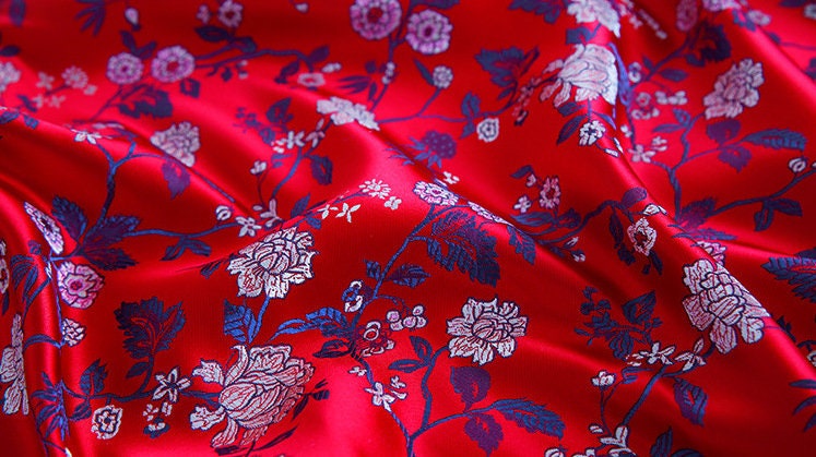 Floral Silk Brocade Fabric: Red Chinese Style Sewing Material