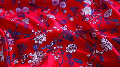 Floral Silk Brocade Fabric: Red Chinese Style Sewing Material