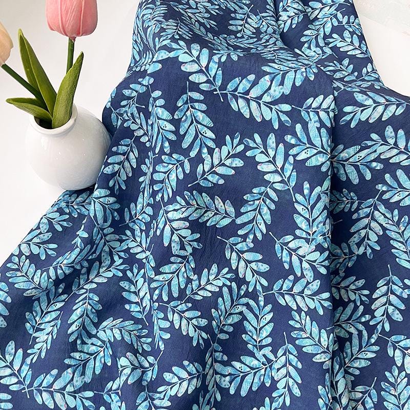Tissu Tencel Ramie imprimé feuilles bleues : Matériel de couture au mètre