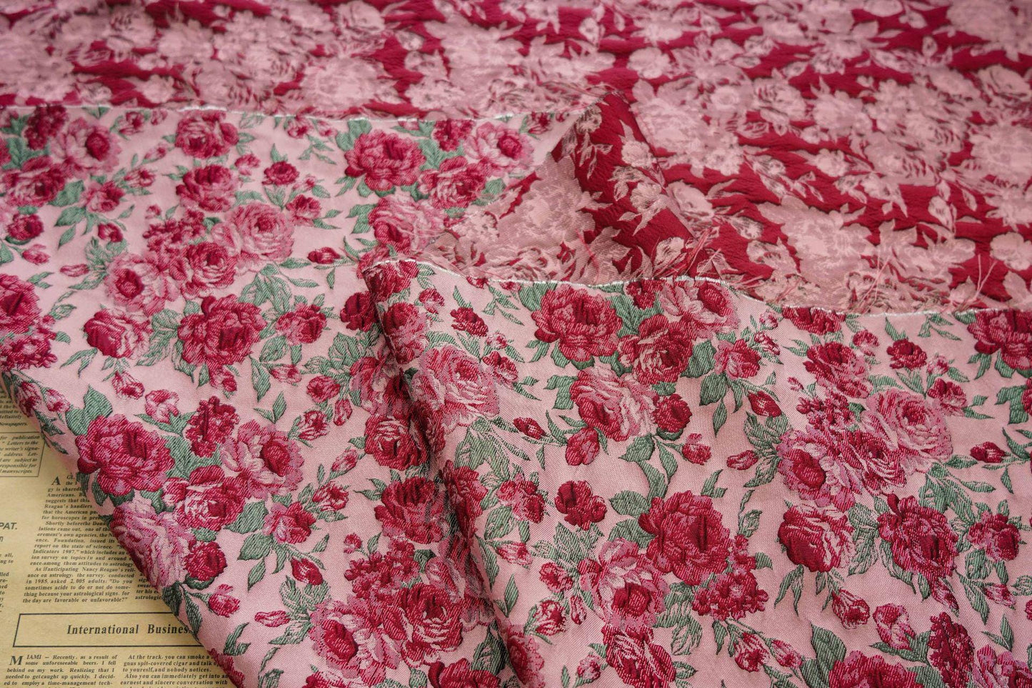 Red Rose Floral Brocade Fabric ��� Embossed Jacqua" Wide