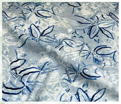Tissu satin de coton imprimé numérique bleu – Tissu doux pour robes, patchwork, couture DIY, loisirs créatifs, motifs floraux et abstraits, 59 cm