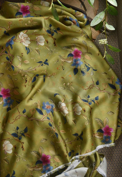 Floral Cotton Fabric: Green Ancient Ink Painting, 55"W
