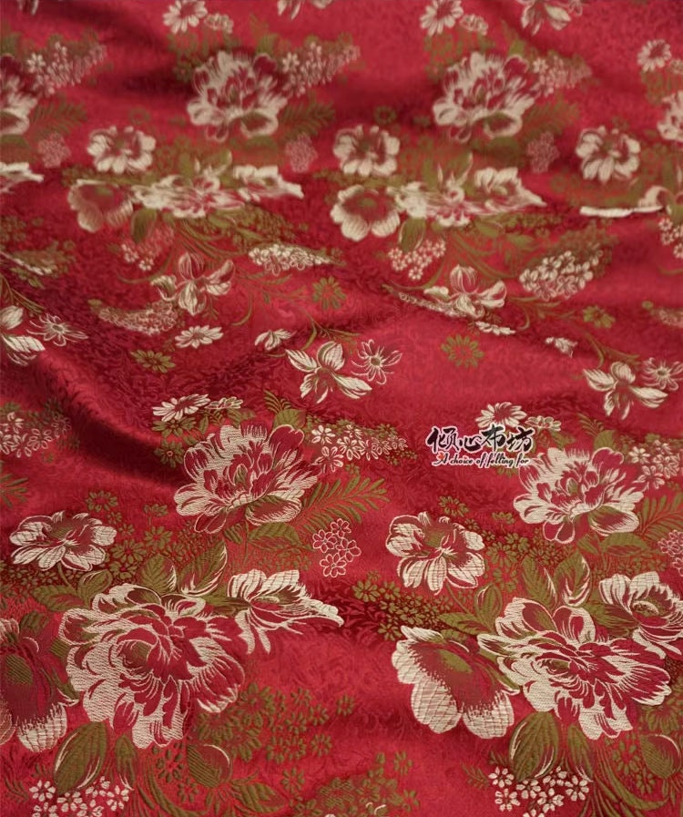 Maroon Peony Brocade Fabric: 29"W Rayon Blend, Costume & Decor