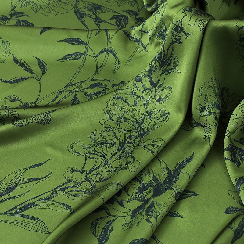 Green Floral Tea Silk Satin Fabric - 59" Wide
