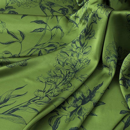 Green Floral Tea Silk Satin Fabric - 59" Wide