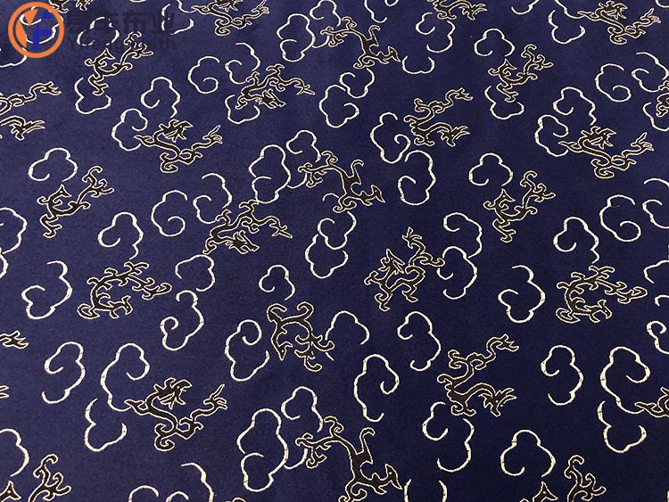 Navy Silk Brocade Fabric: Dragon Cheongsam Jacquard (29.5" W)