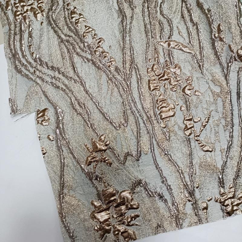 Green Jacquard Fabric with Gold Thread: Deer & Floral Design, 55" Wide