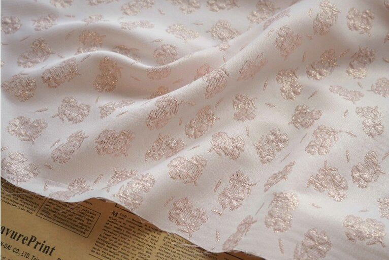 Gold Thread Jacquard Fabric: Pink Embossed Flower Woven Textile, 55"W