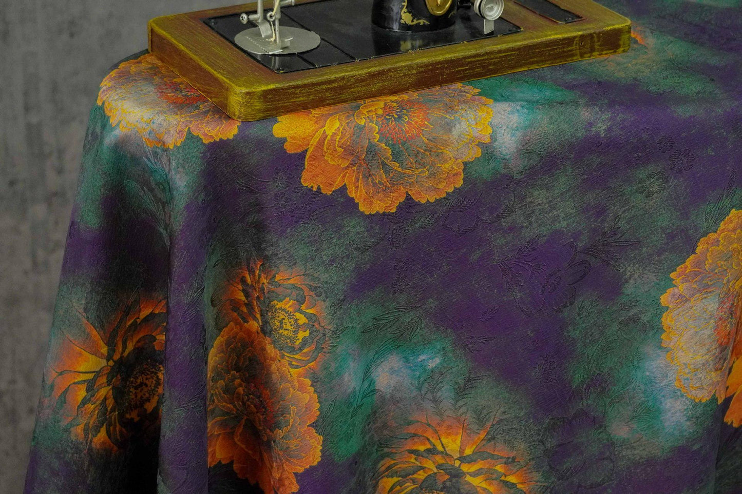 Floral Tea Silk Satin Fabric: Dark Green Upholstery, Costume, Drapery (59"W)
